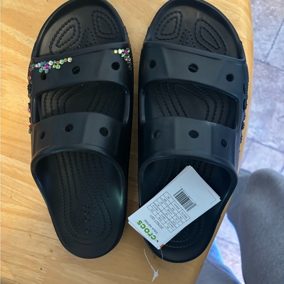 Hand Bedazzled black and multicolor rainbow rhinestone Croc slides. - Picture 4 of 4